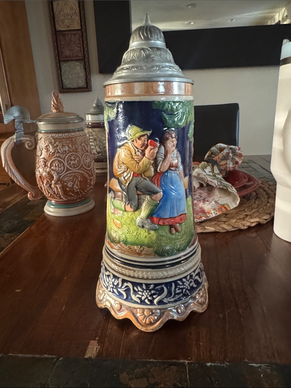 Hand-Painted Multicolor Ceramic Stein with Pewter Lid